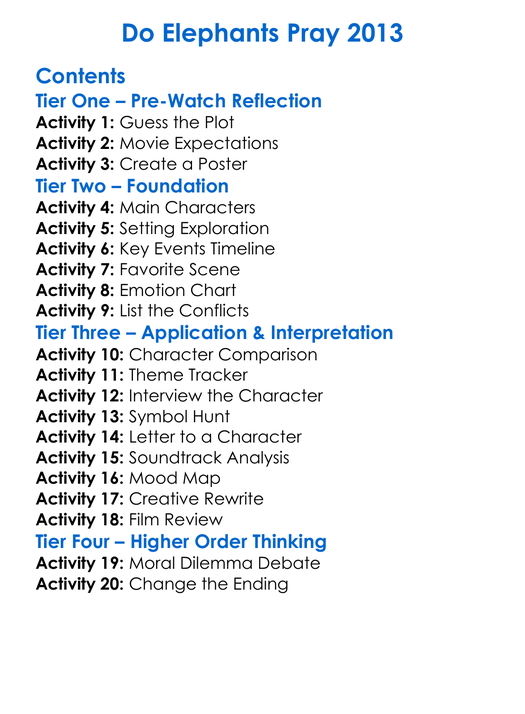 Do Elephants Pray 2013 Worksheet Activity Booklet