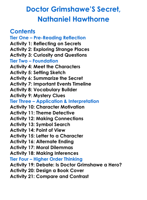 Doctor Grimshawes Secret Nathaniel Hawthorne Worksheet Activity Booklet
