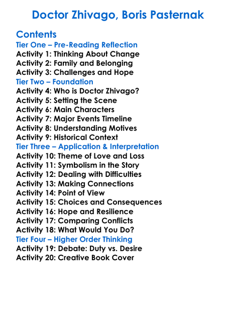 Doctor Zhivago Boris Pasternak Worksheet Activity Booklet