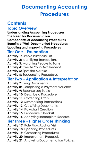 Documenting Accounting Procedures Worksheet Activity Booklet