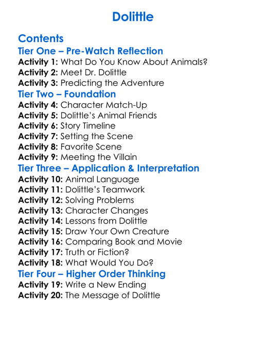 Dolittle Worksheet Activity Booklet