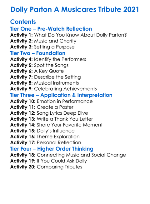 Dolly Parton A Musicares Tribute 2021 Worksheet Activity Booklet