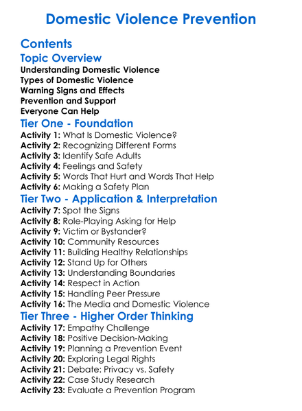 Domestic Violence Prevention Worksheet Activity Booklet