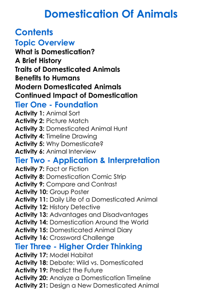 Domestication Of Animals Worksheet Activity Booklet