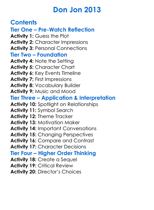 Don Jon 2013 Worksheet Activity Booklet
