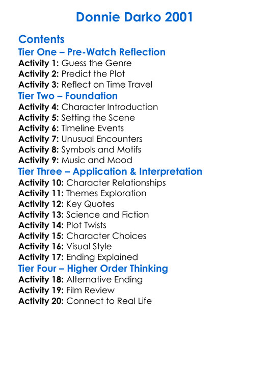 Donnie Darko 2001 Worksheet Activity Booklet