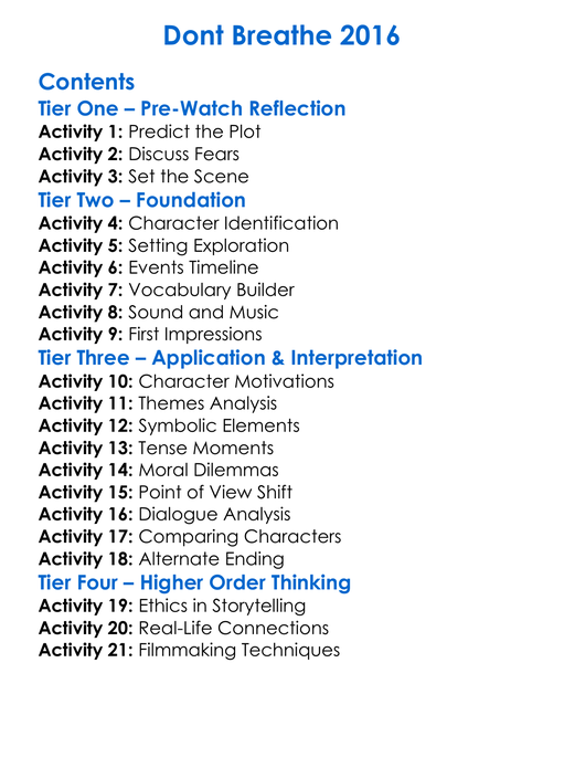 Dont Breathe 2016 Worksheet Activity Booklet