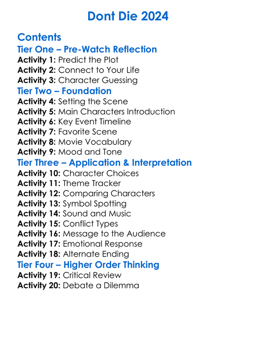 Dont Die 2024 Worksheet Activity Booklet