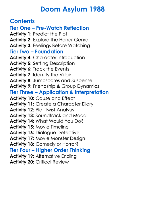 Doom Asylum 1988 Worksheet Activity Booklet