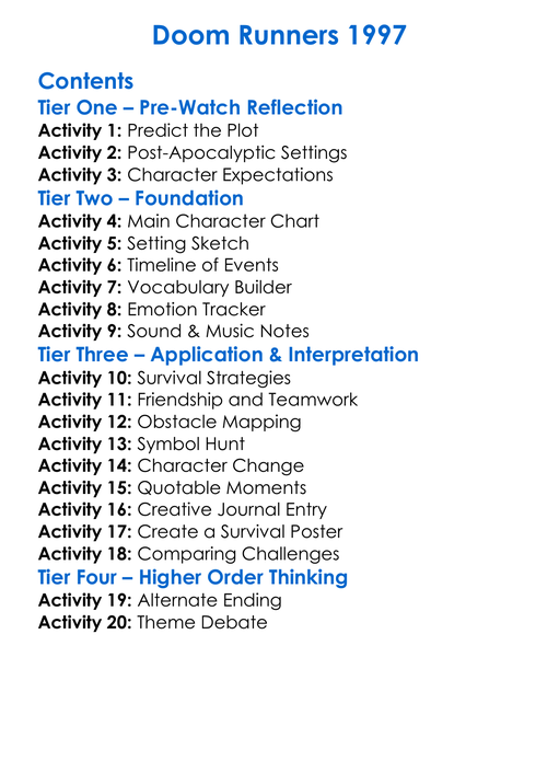 Doom Runners 1997 Worksheet Activity Booklet