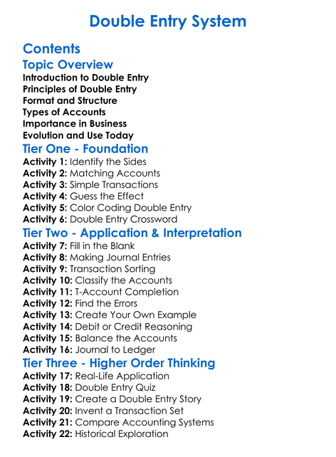 Double-Entry System Worksheet Activity Booklet