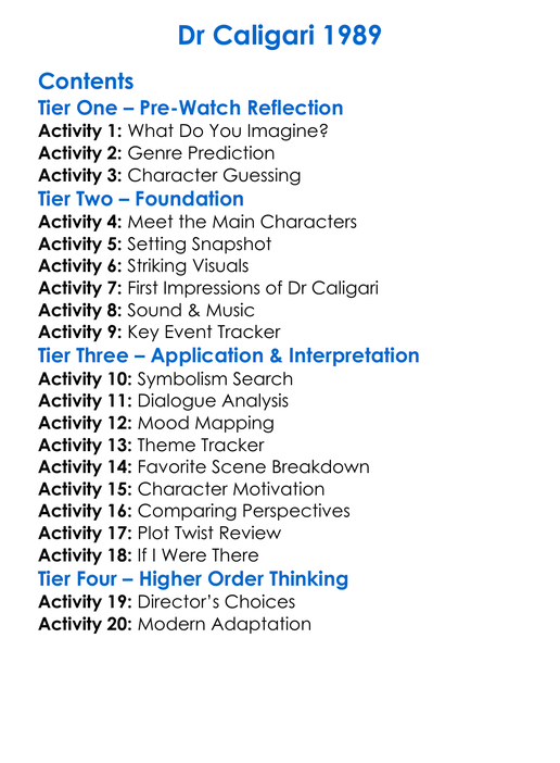 Dr Caligari 1989 Worksheet Activity Booklet