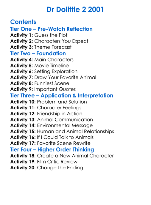 Dr Dolittle 2 2001 Worksheet Activity Booklet