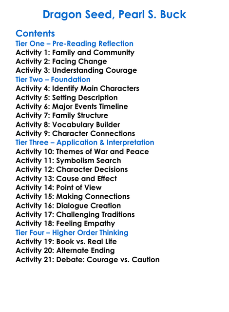 Dragon Seed Pearl S Buck Worksheet Activity Booklet