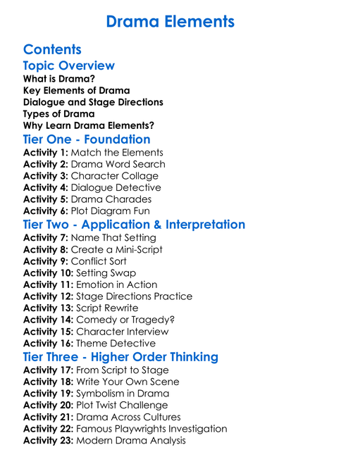 Drama Elements Worksheet Activity Booklet