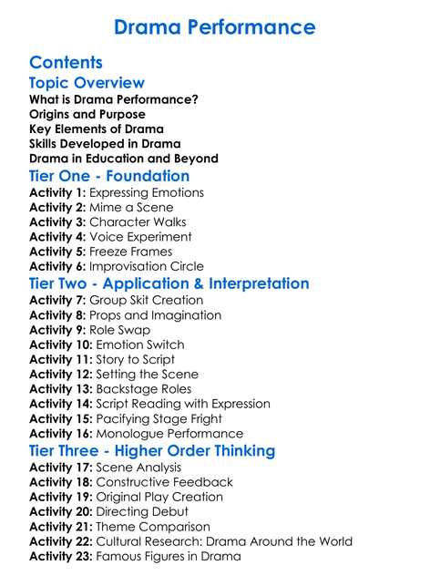 Drama Performance Worksheet Activity Booklet