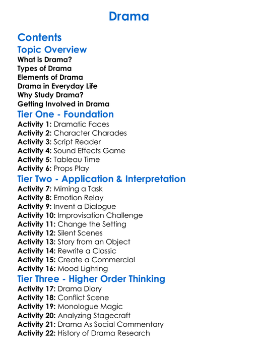 Drama Worksheet Activity Booklet
