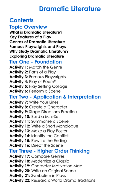 Dramatic Literature Worksheet Activity Booklet