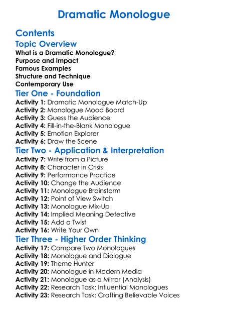 Dramatic Monologue Worksheet Activity Booklet