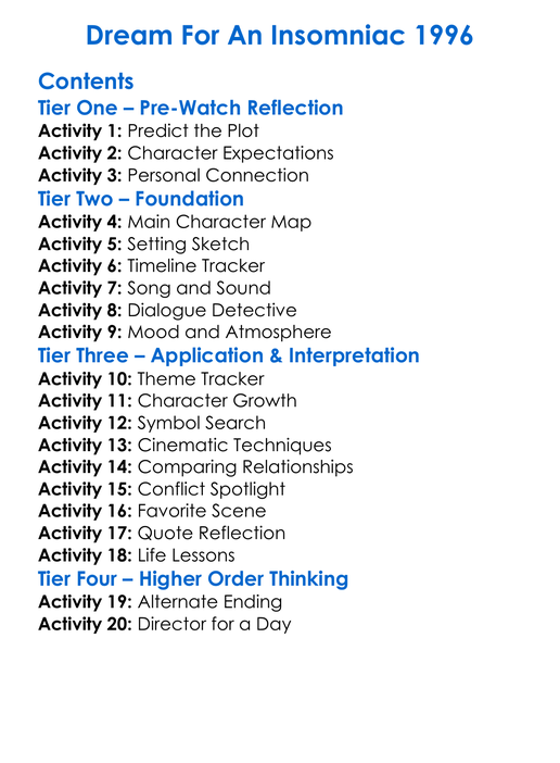 Dream For An Insomniac 1996 Worksheet Activity Booklet