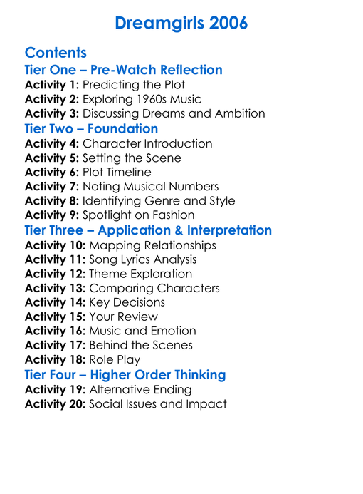 Dreamgirls 2006 Worksheet Activity Booklet
