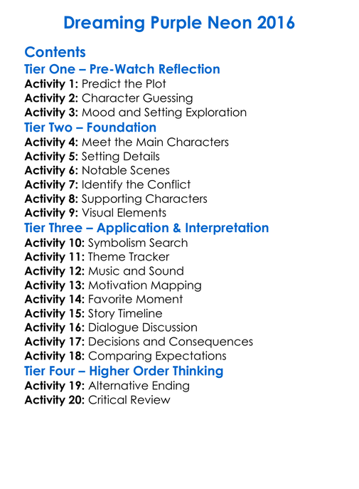 Dreaming Purple Neon 2016 Worksheet Activity Booklet