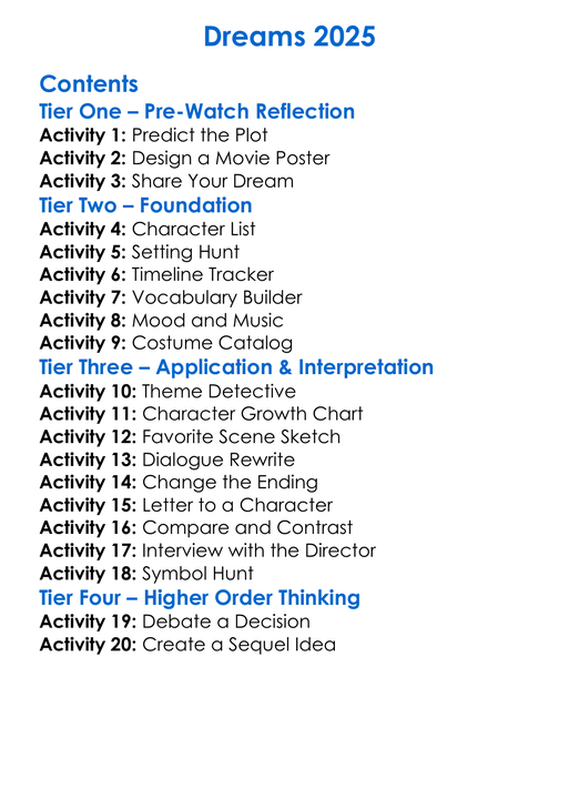Dreams 2025 Worksheet Activity Booklet