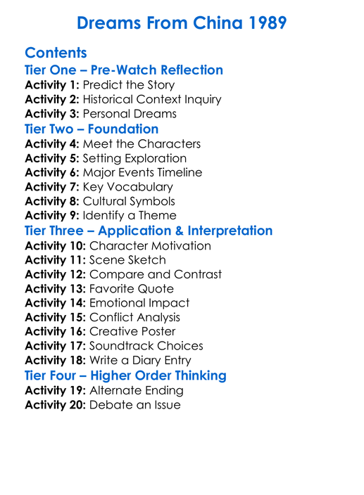 Dreams From China 1989 Worksheet Activity Booklet