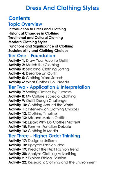 Dress And Clothing Styles Worksheet Activity Booklet