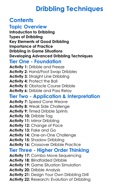 Dribbling Techniques Worksheet Activity Booklet