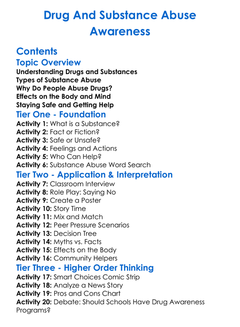 Drug And Substance Abuse Awareness Worksheet Activity Booklet
