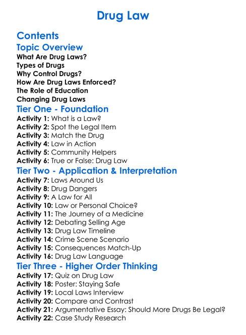 Drug Law Worksheet Activity Booklet
