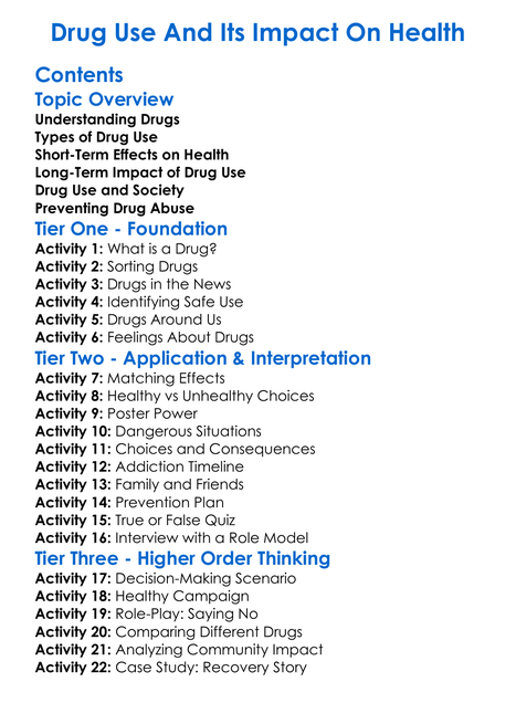 Drug Use And Its Impact On Health Worksheet Activity Booklet