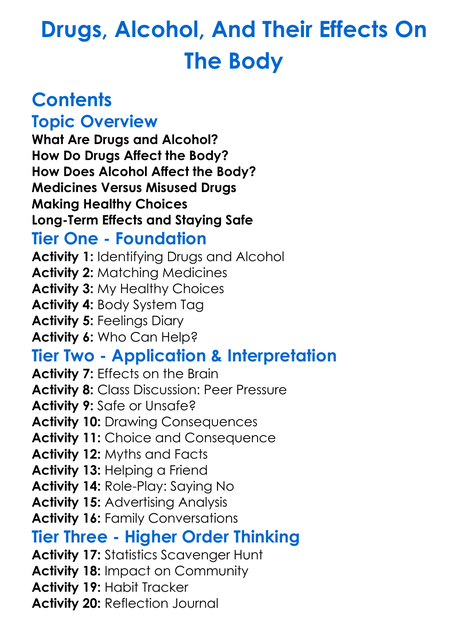 Drugs Alcohol And Their Effects On The Body Worksheet Activity Booklet
