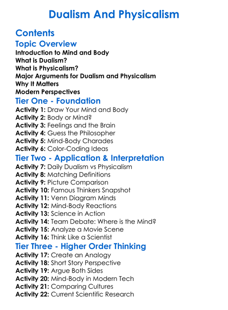 Dualism And Physicalism Worksheet Activity Booklet