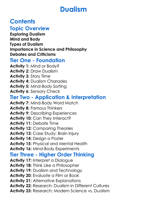 Dualism Worksheet Activity Booklet