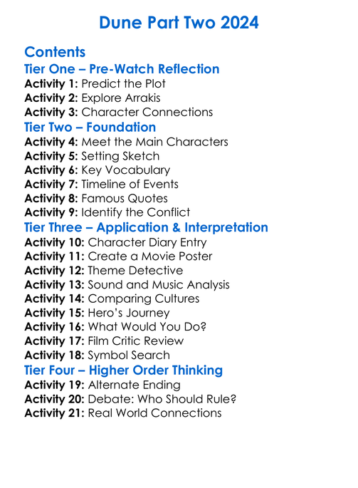 Dune Part Two 2024 Worksheet Activity Booklet