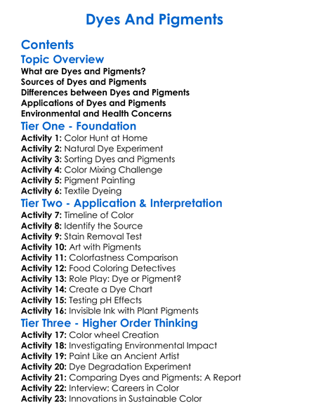Dyes And Pigments Worksheet Activity Booklet