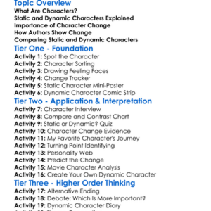 Dynamic And Static Characters Worksheet Activity Booklet