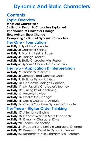 Dynamic And Static Characters Worksheet Activity Booklet