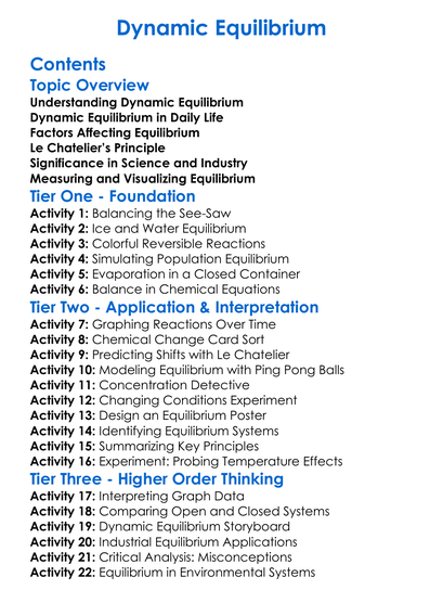 Dynamic Equilibrium Worksheet Activity Booklet