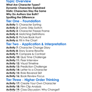 Dynamic Vs Static Characters Worksheet Activity Booklet