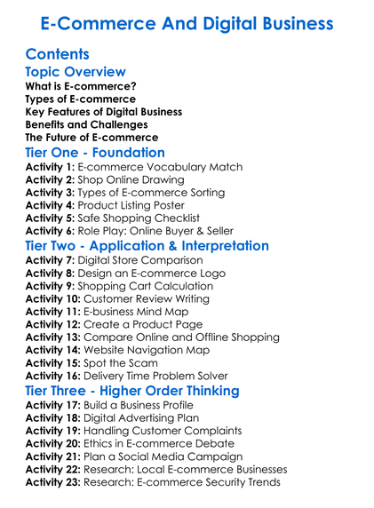 E-Commerce And Digital Business Worksheet Activity Booklet