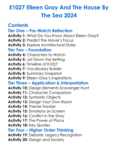 E1027 Eileen Gray And The House By The Sea 2024 Worksheet Activity Booklet