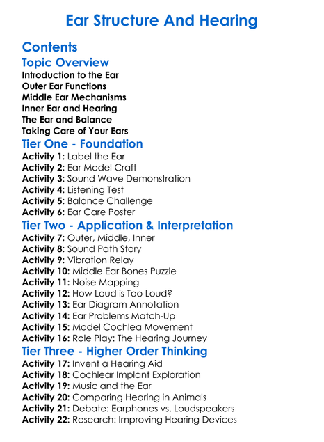 Ear Structure And Hearing Worksheet Activity Booklet