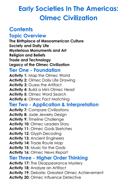 Early Societies In The Americas Olmec Civilization Worksheet Activity Booklet