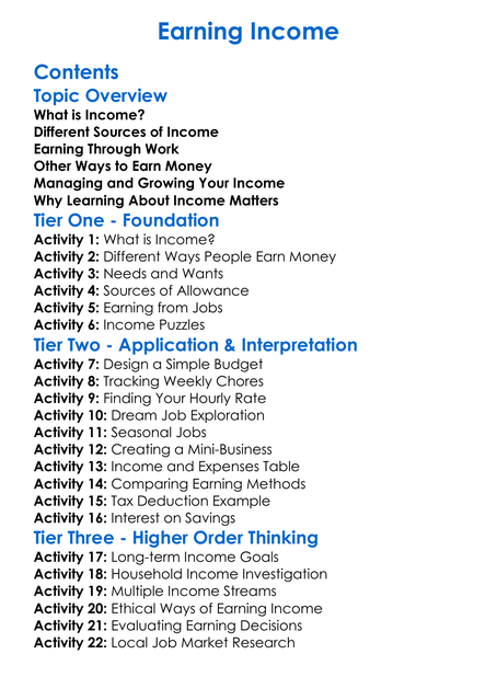 Earning Income Worksheet Activity Booklet