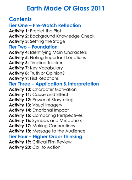 Earth Made Of Glass 2011 Worksheet Activity Booklet
