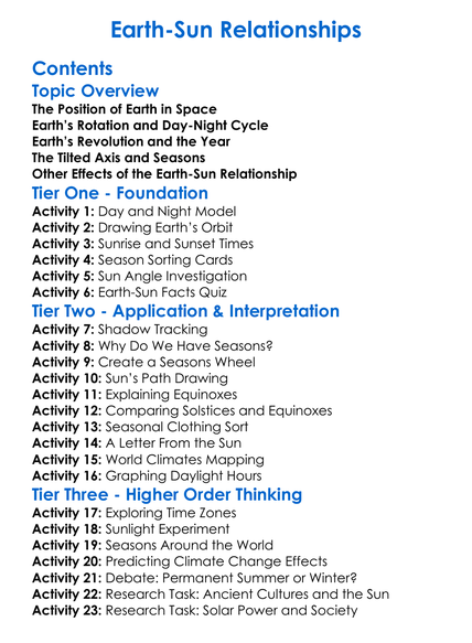 Earth-Sun Relationships Worksheet Activity Booklet