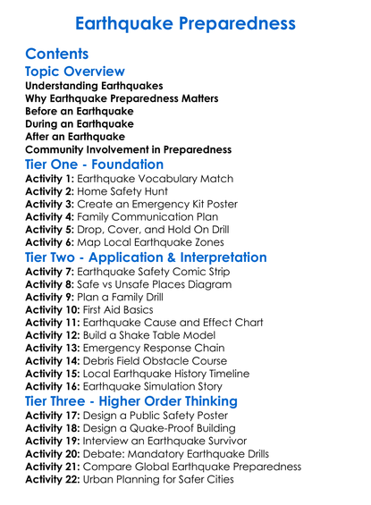 Earthquake Preparedness Worksheet Activity Booklet